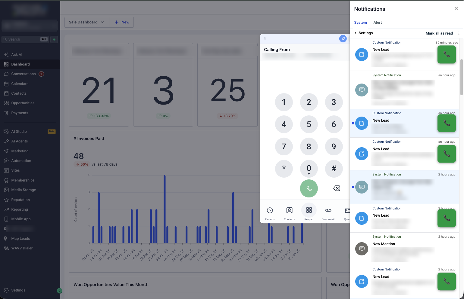LeadSniper adding a green call button to new lead notifications inside a CRM