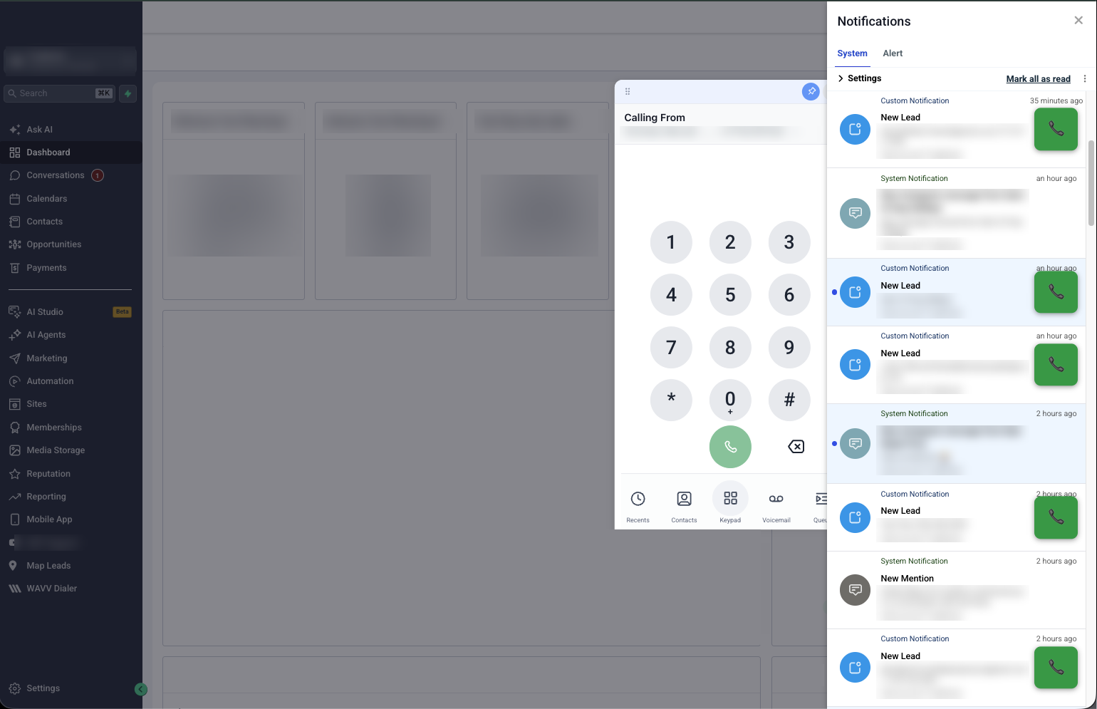 LeadSniper adding a green call button to new lead notifications inside a CRM